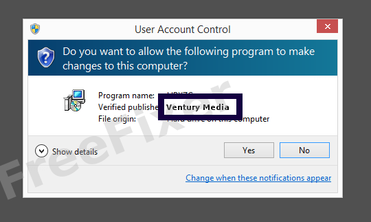 Screenshot where Ventury Media appears as the verified publisher in the UAC dialog